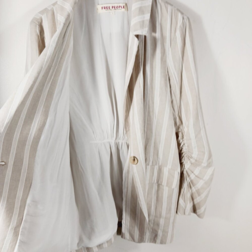 Free People "Fern" Oversized Striped Linen Blend Blazer, Ruched Sleeves SZ Small - Picture 6 of 16